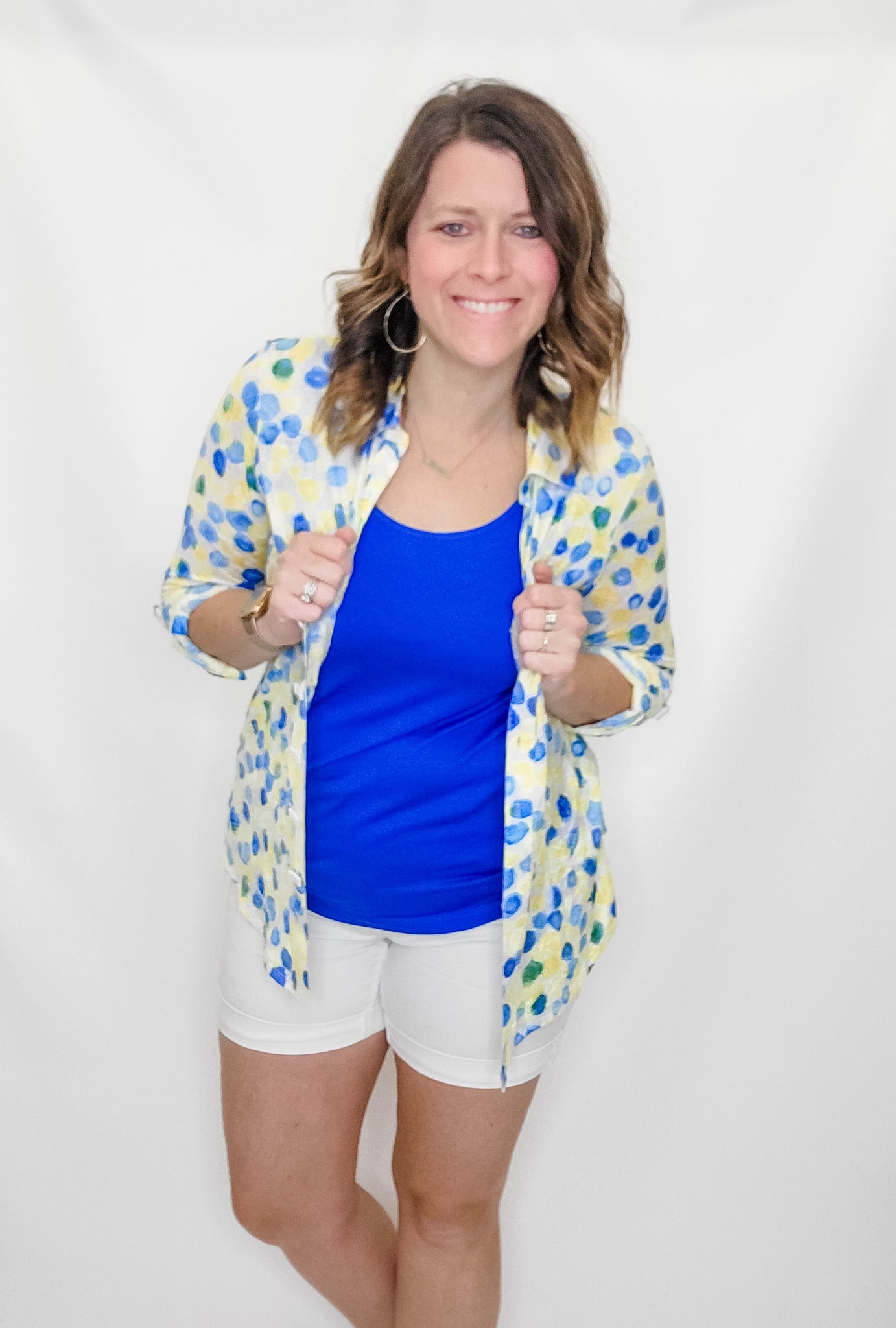 Multiples Blue & Yellow Crinkle Button Up