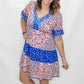 Blue & Pink Floral Color Block Short Sleeve Dress
